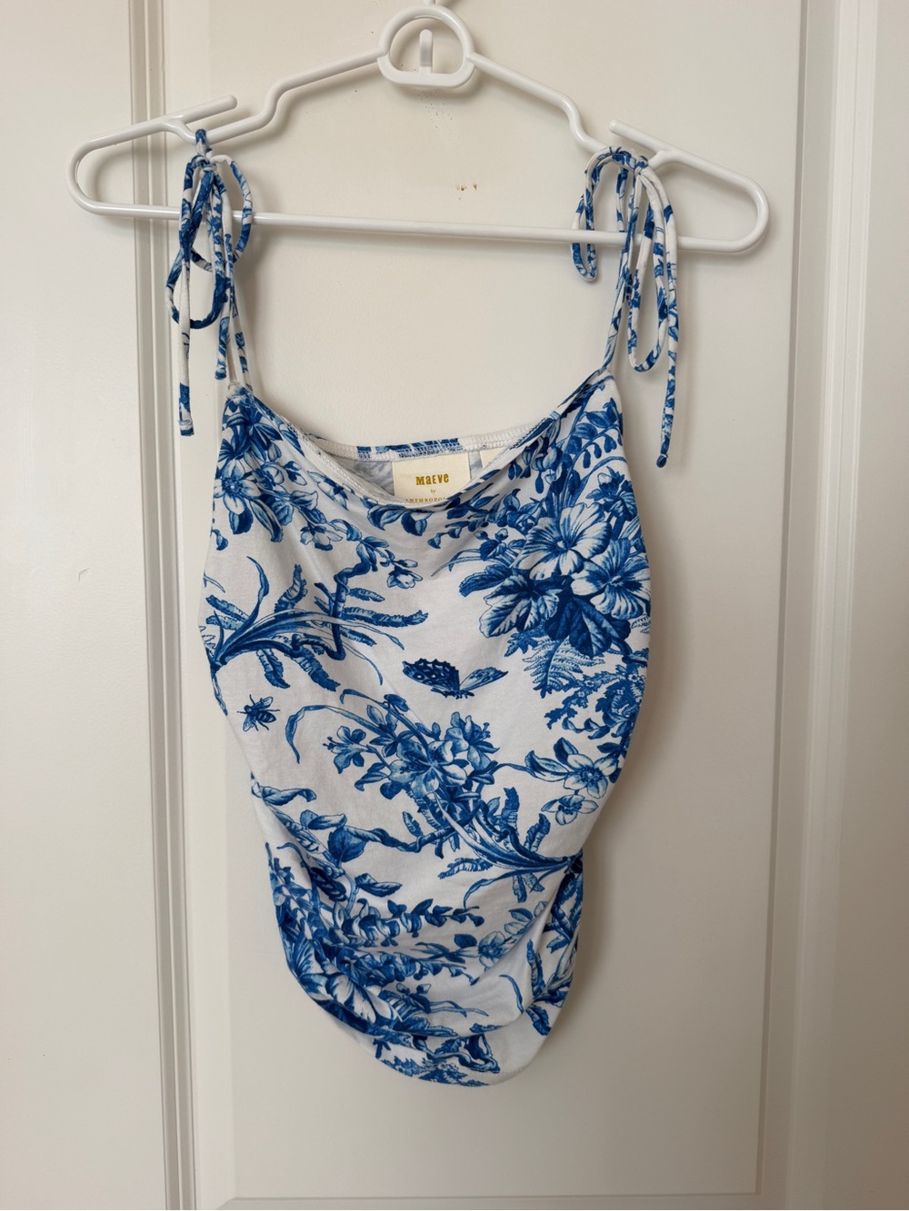 Maeve by Anthropologie White Camisole with Blue Floral Tie Straps